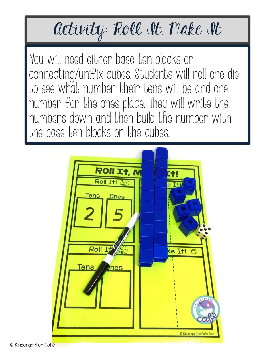 Roll It, Make It directions: students roll a die for tens and ones, write the digits, then build the number with blocks