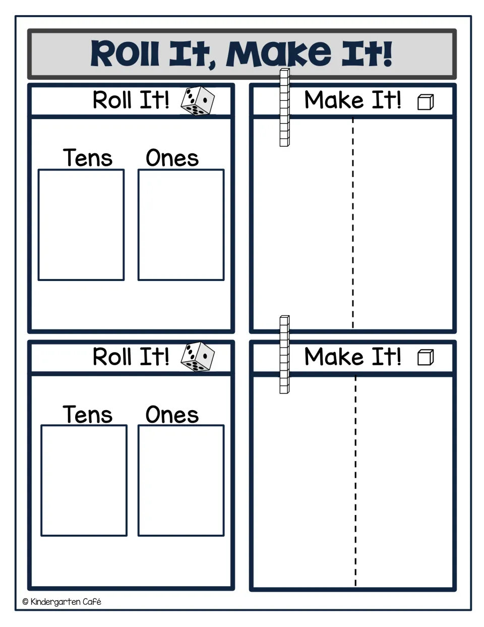 Place value recording mat: students write rolled tens and ones digits for two rounds, then build each number with cubes