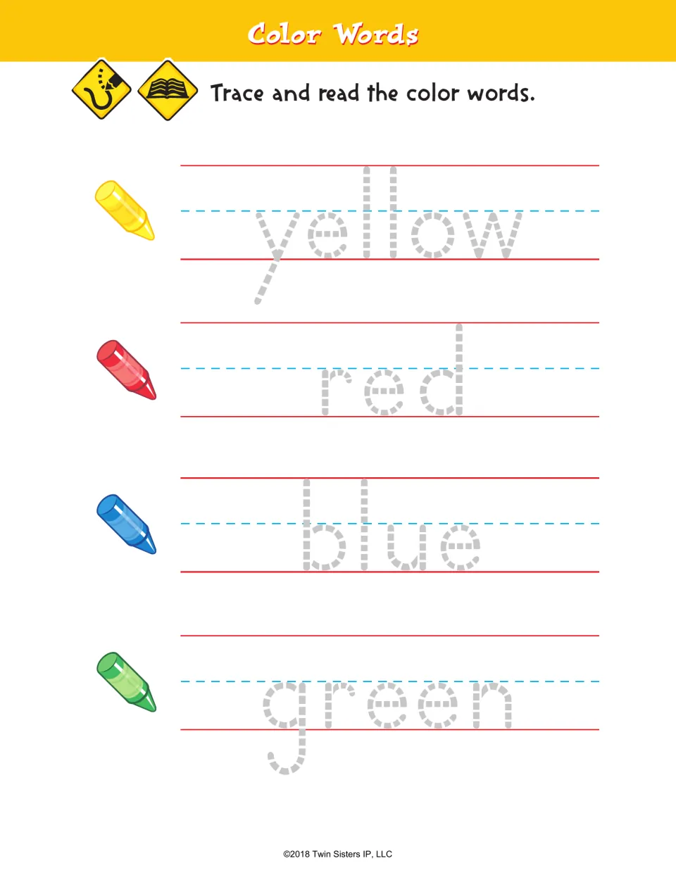 Color Words tracing practice for yellow, red, blue, and green, paired with matching crayon pictures