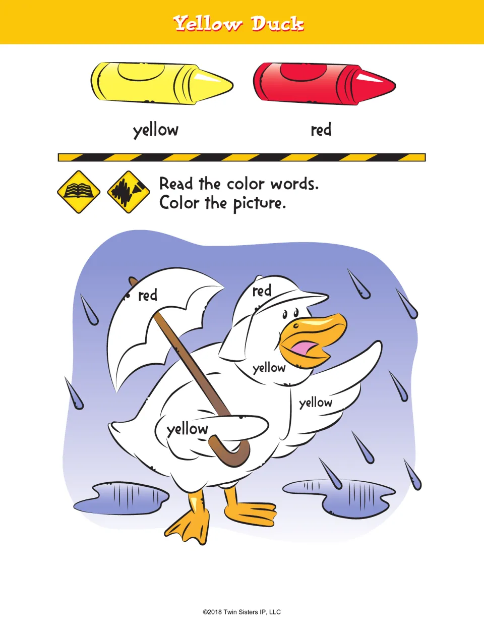 Yellow Duck coloring activity uses yellow for the duck and red for its hat and umbrella after reading the words