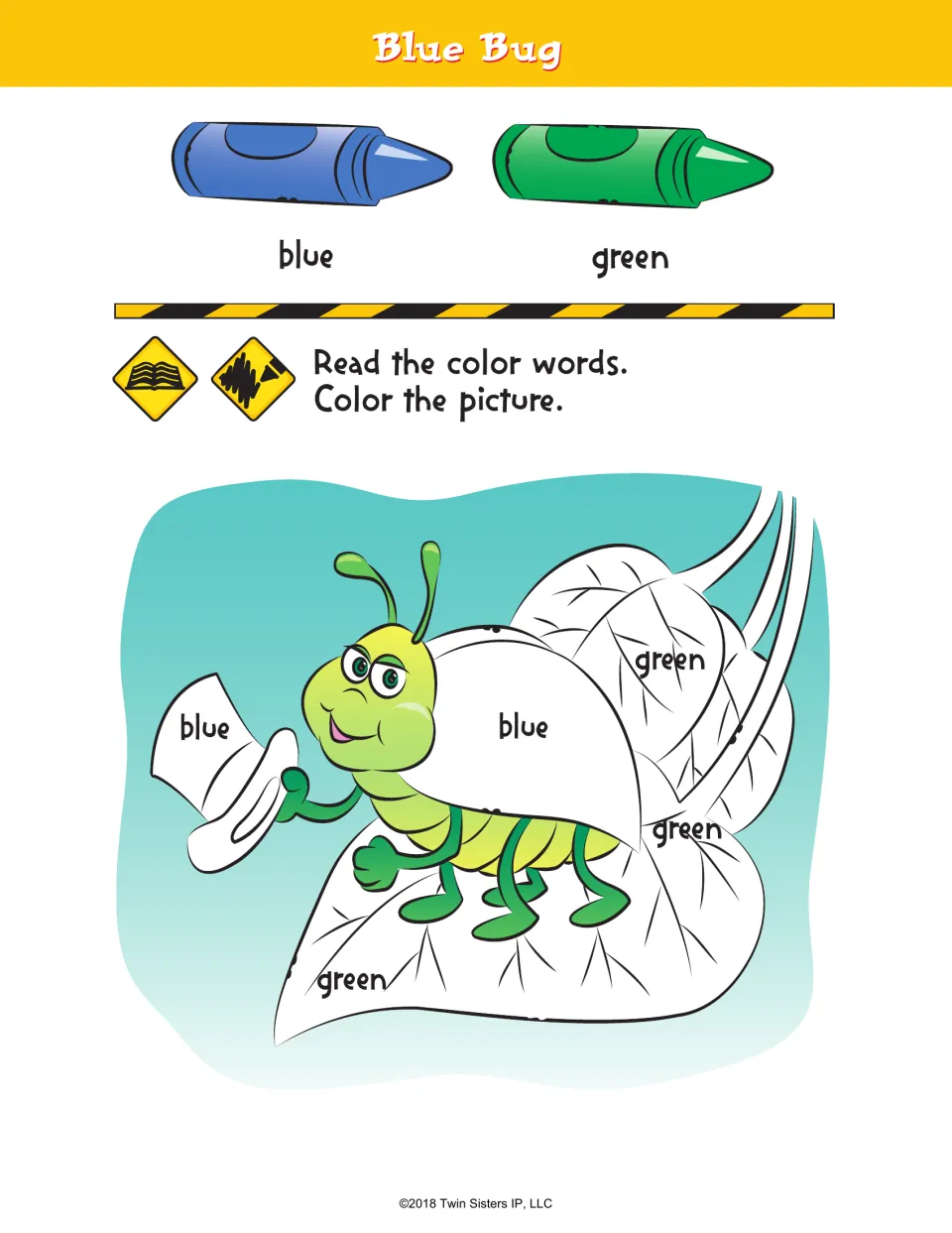 Blue Bug coloring activity asks readers to use blue for the bug's back and hat and green for the leaves
