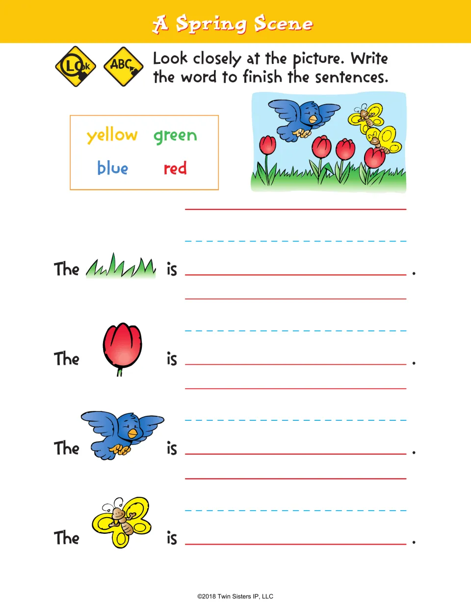 A Spring Scene sentence activity uses yellow, green, blue, and red to describe grass, a flower, a bird, and a butterfly