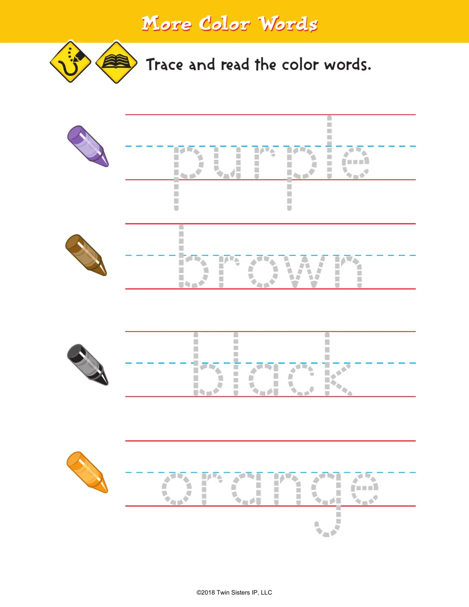More Color Words tracing practice introduces purple, brown, black, and orange with matching crayon pictures