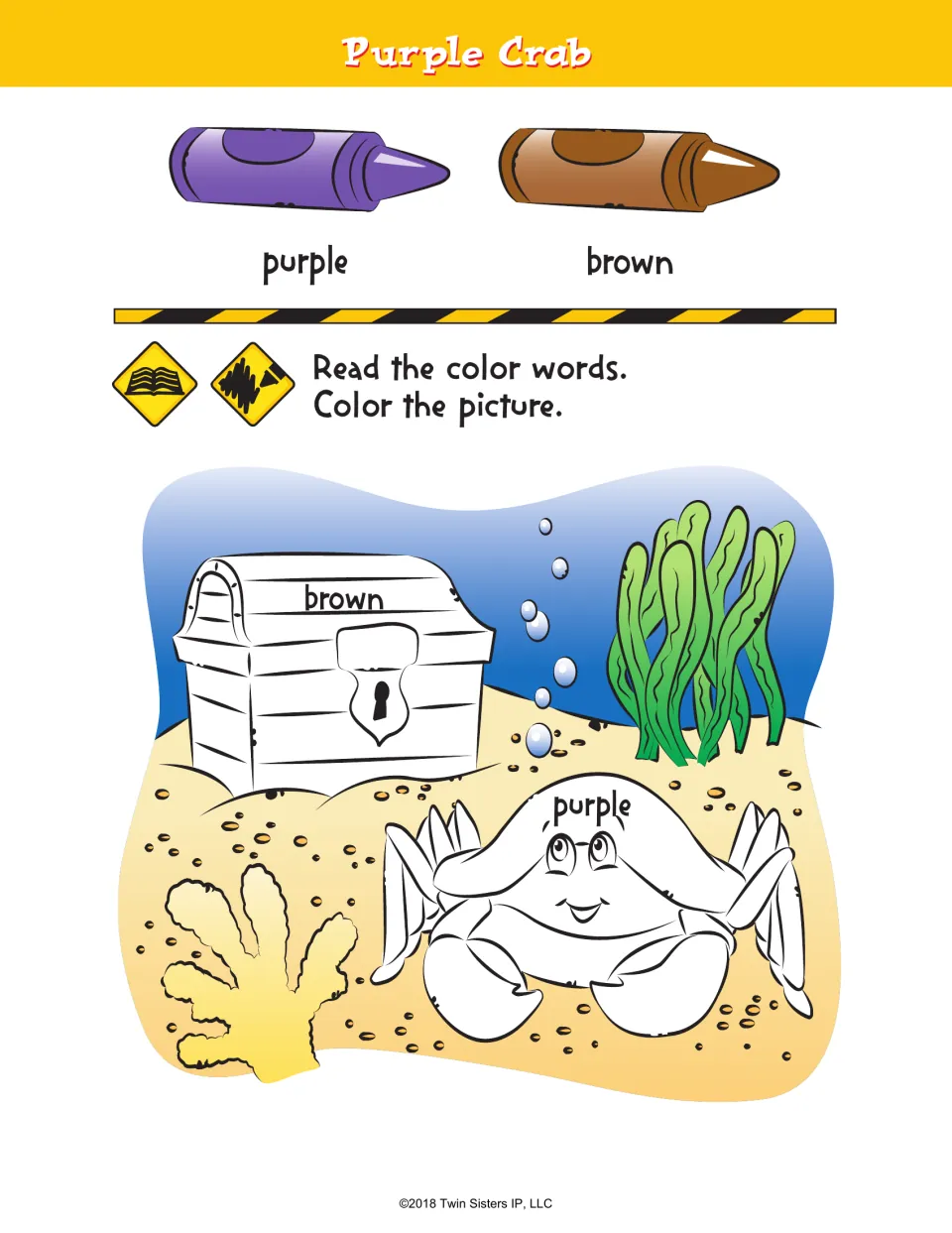 Purple Crab coloring activity asks readers to color a crab purple and a treasure chest brown using word labels