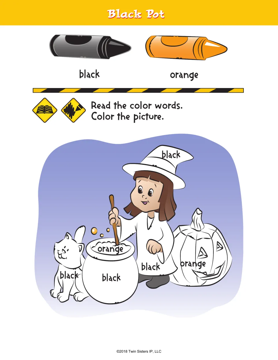 Black Pot coloring activity labels a hat, clothing, cat, and pot black, and a pumpkin and pot contents orange