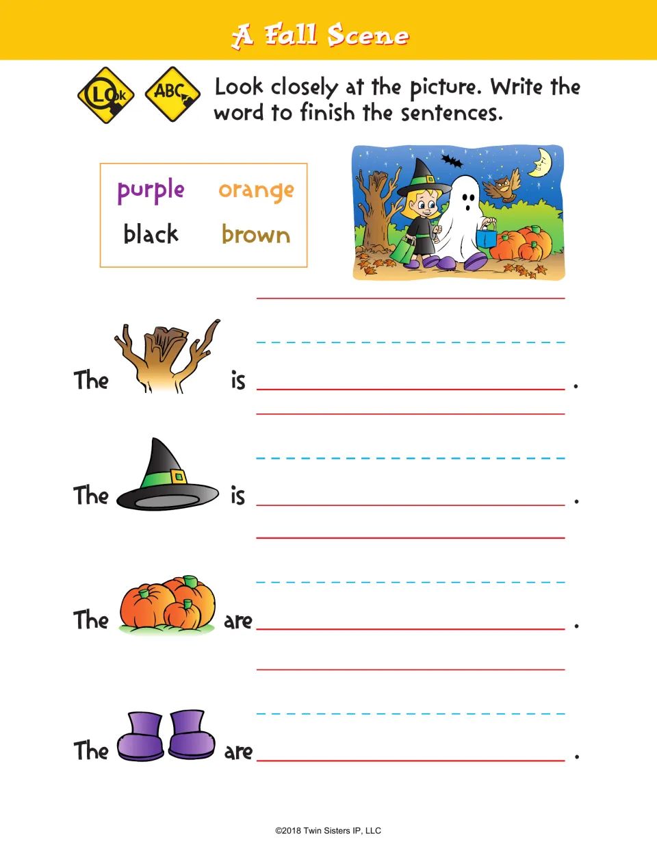 A Fall Scene sentence activity uses purple, orange, black, and brown to describe a tree, hat, pumpkins, and shoes