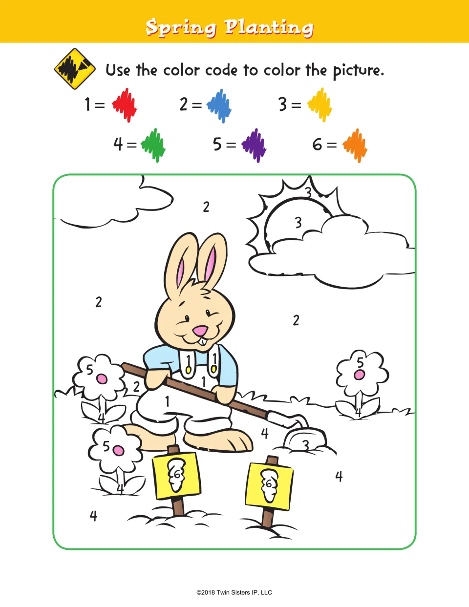 Spring Planting color-by-number activity shows a gardening rabbit and a six-color code for numbers 1 through 6