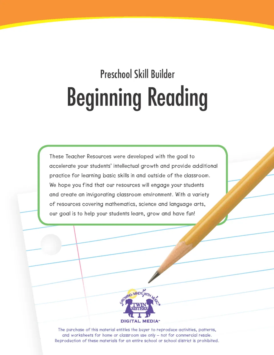 Preschool Skill Builder: Beginning Reading cover from Twin Sisters with a note to teachers and a pencil on lined paper