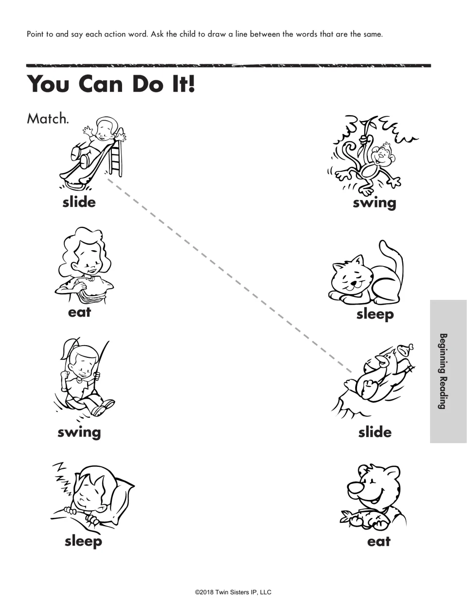 You Can Do It! action-word matching: children draw lines joining the same words slide, eat, swing and sleep under pictures