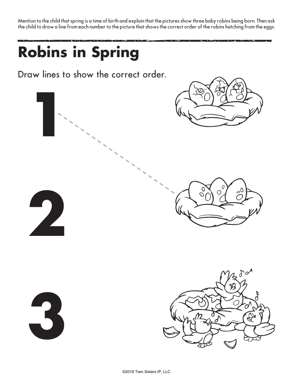 Robins in Spring sequencing: children draw lines from 1, 2 and 3 to nests showing robin eggs whole, cracking and hatched
