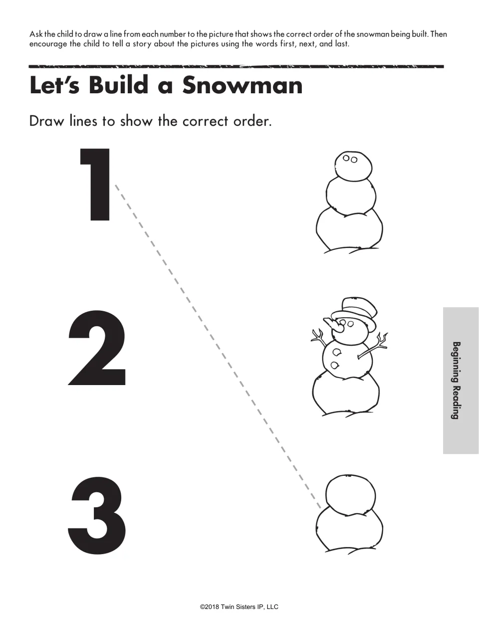Let's Build a Snowman sequencing: children draw lines from 1, 2 and 3 to snowman pictures in the order it gets built