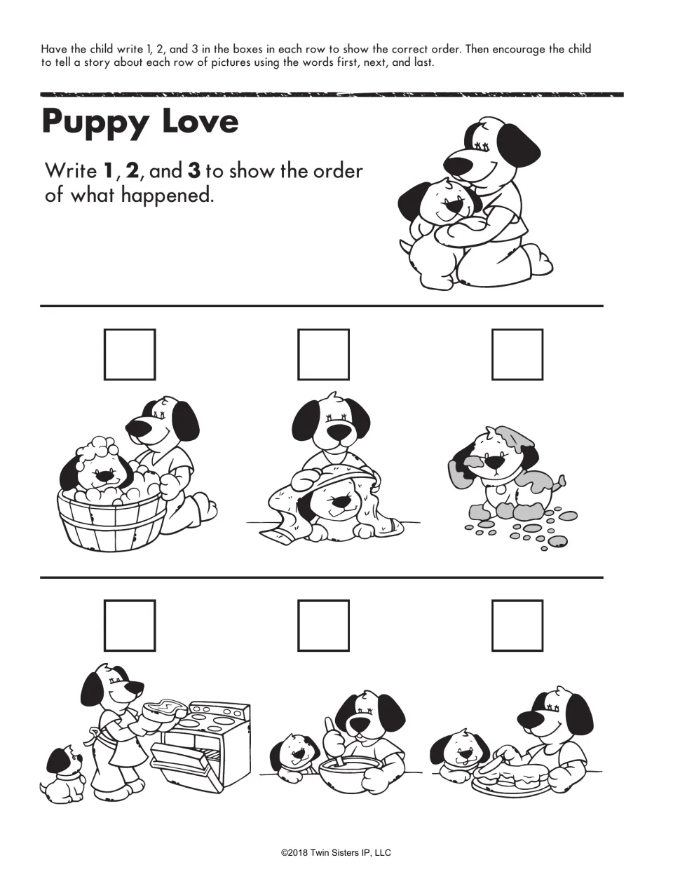 Puppy Love story order: children write 1, 2 and 3 to sequence two rows of dog pictures, a muddy bath and baking a cake
