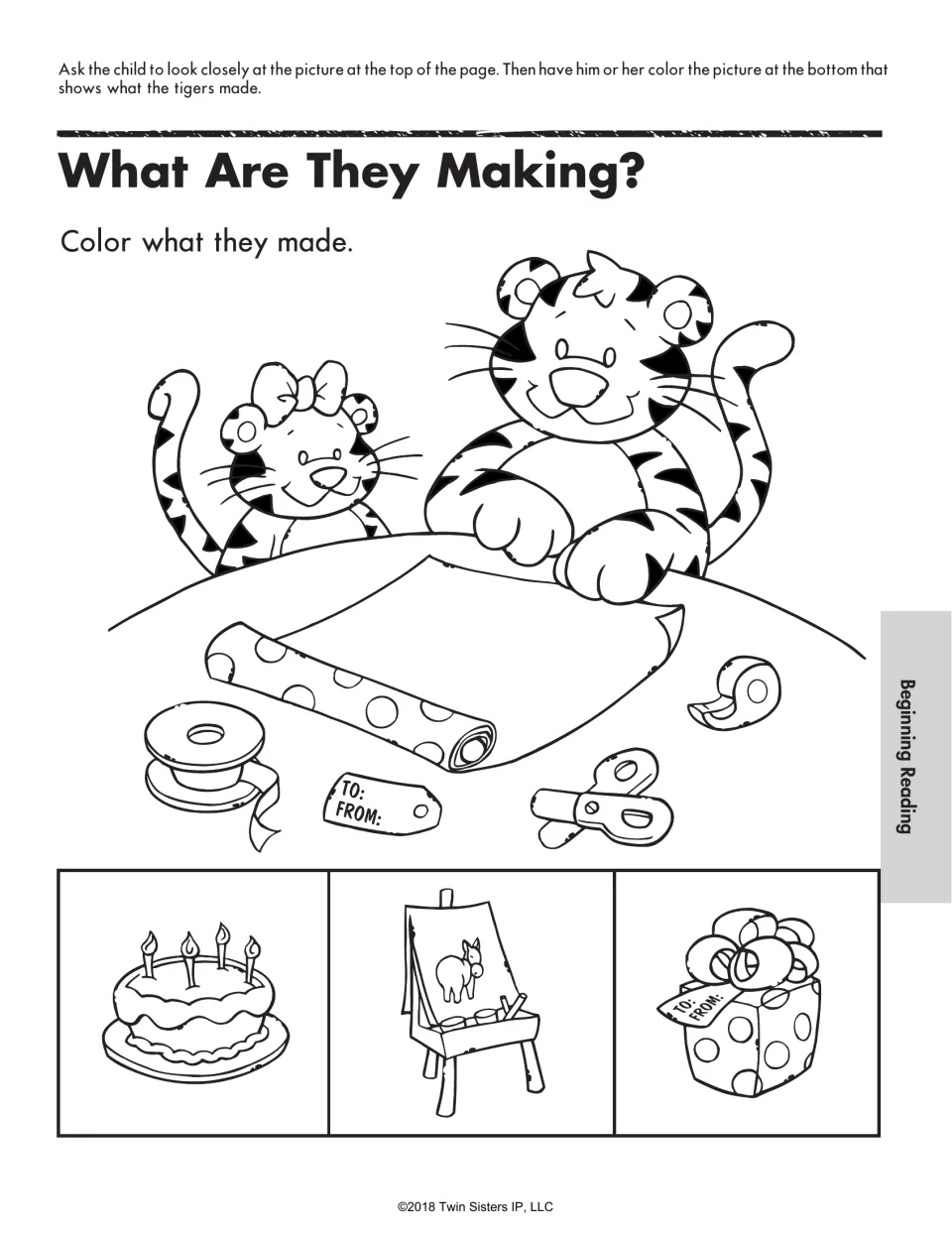 What Are They Making? inference: children study tigers with wrapping paper, tape and a tag, then color the gift they made