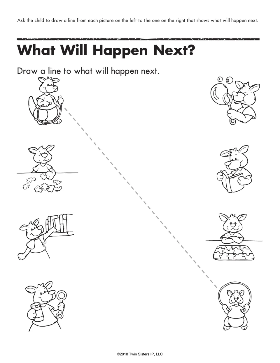 What Will Happen Next? predicting: children draw lines from kangaroo scenes like puzzle pieces and bubble soap to outcomes