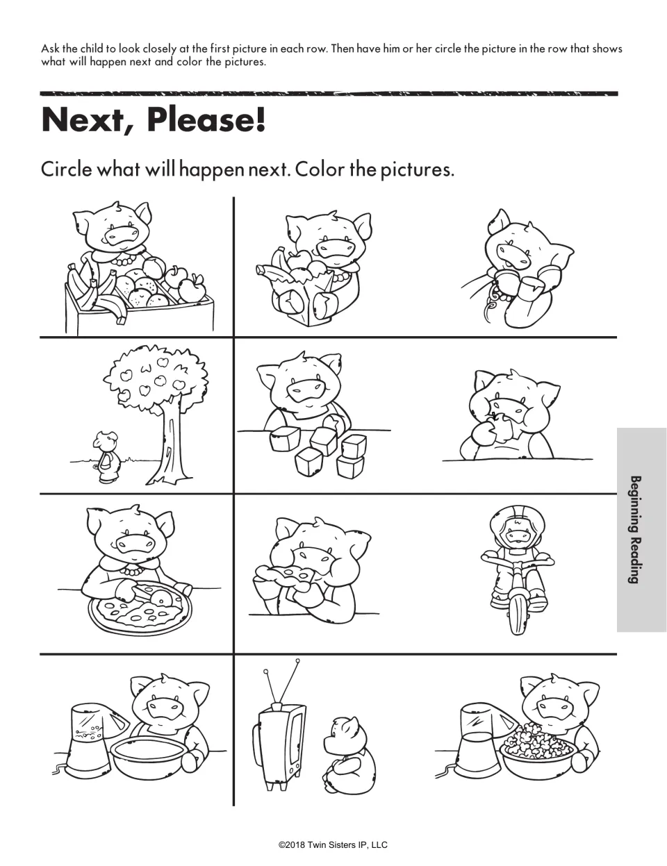 Next, Please! predicting: children circle what a pig does next after scenes like fruit shopping or a pizza, then color them