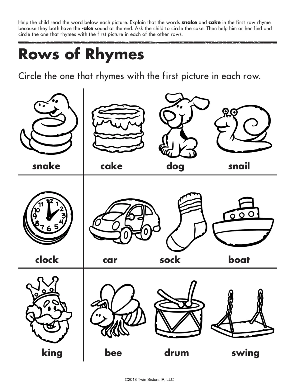 Rows of Rhymes: children circle the picture rhyming with snake, clock or king, choosing words like cake, sock and swing