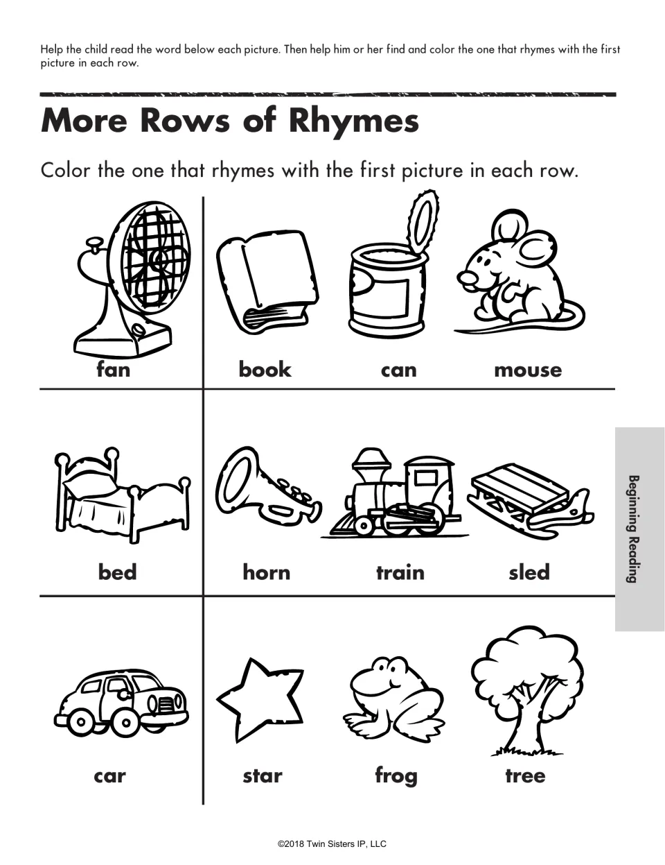 More Rows of Rhymes: children color the picture rhyming with fan, bed or car, choosing words like can, sled and star