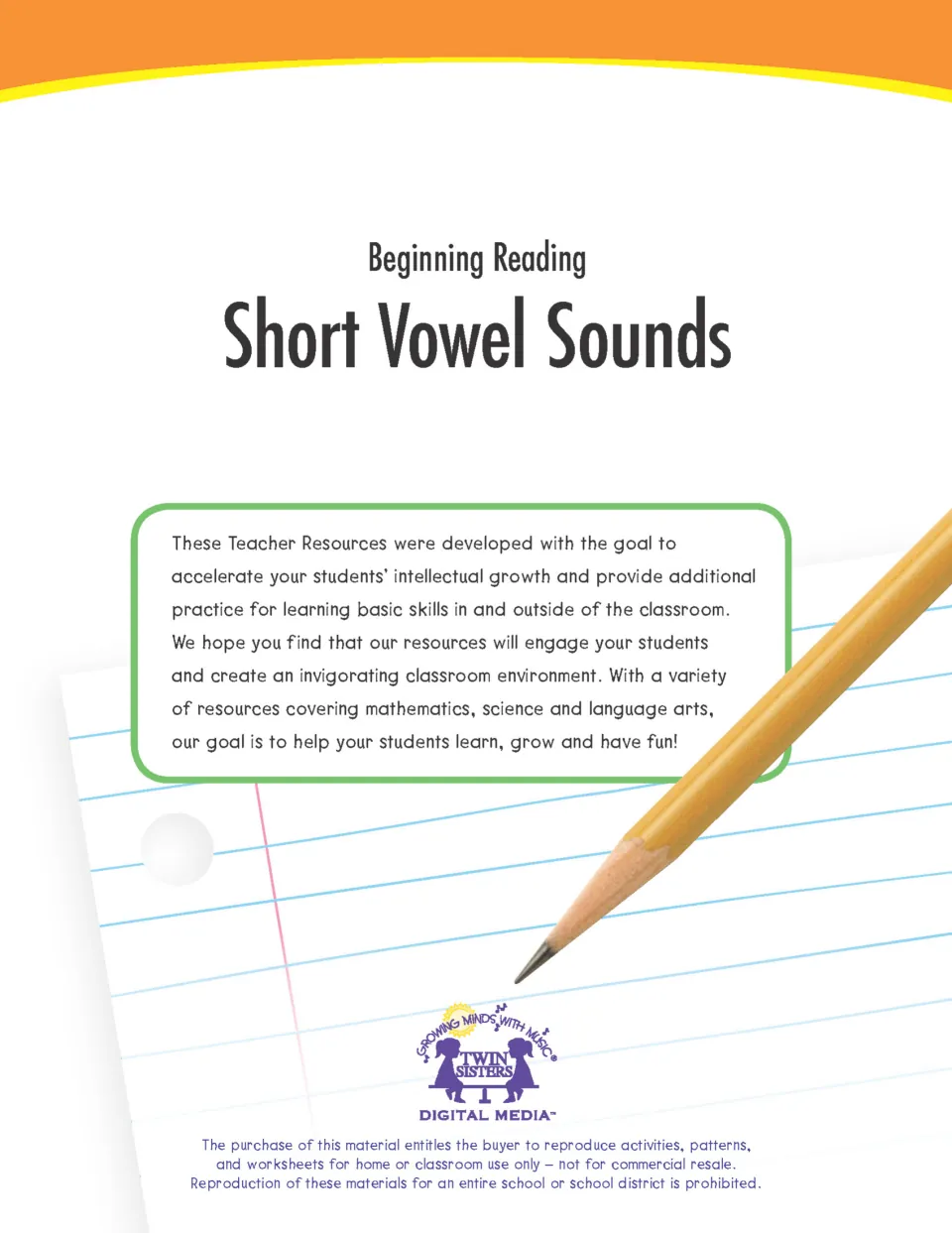 Cover of Beginning Reading: Short Vowel Sounds, with a teacher resource introduction and reproduction terms
