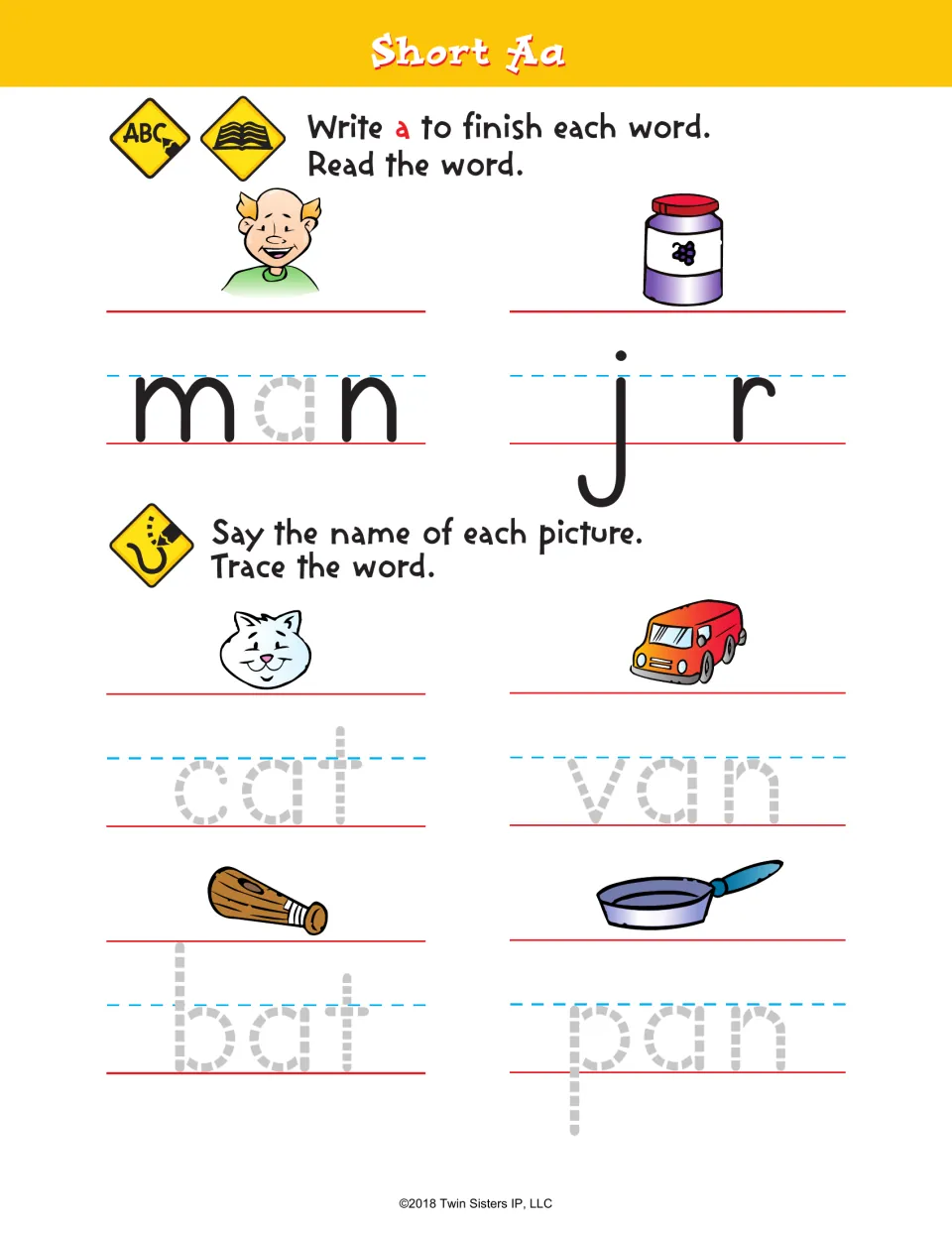 Short a practice: finish man and jar with a, then name the pictures and trace cat, van, bat, and pan