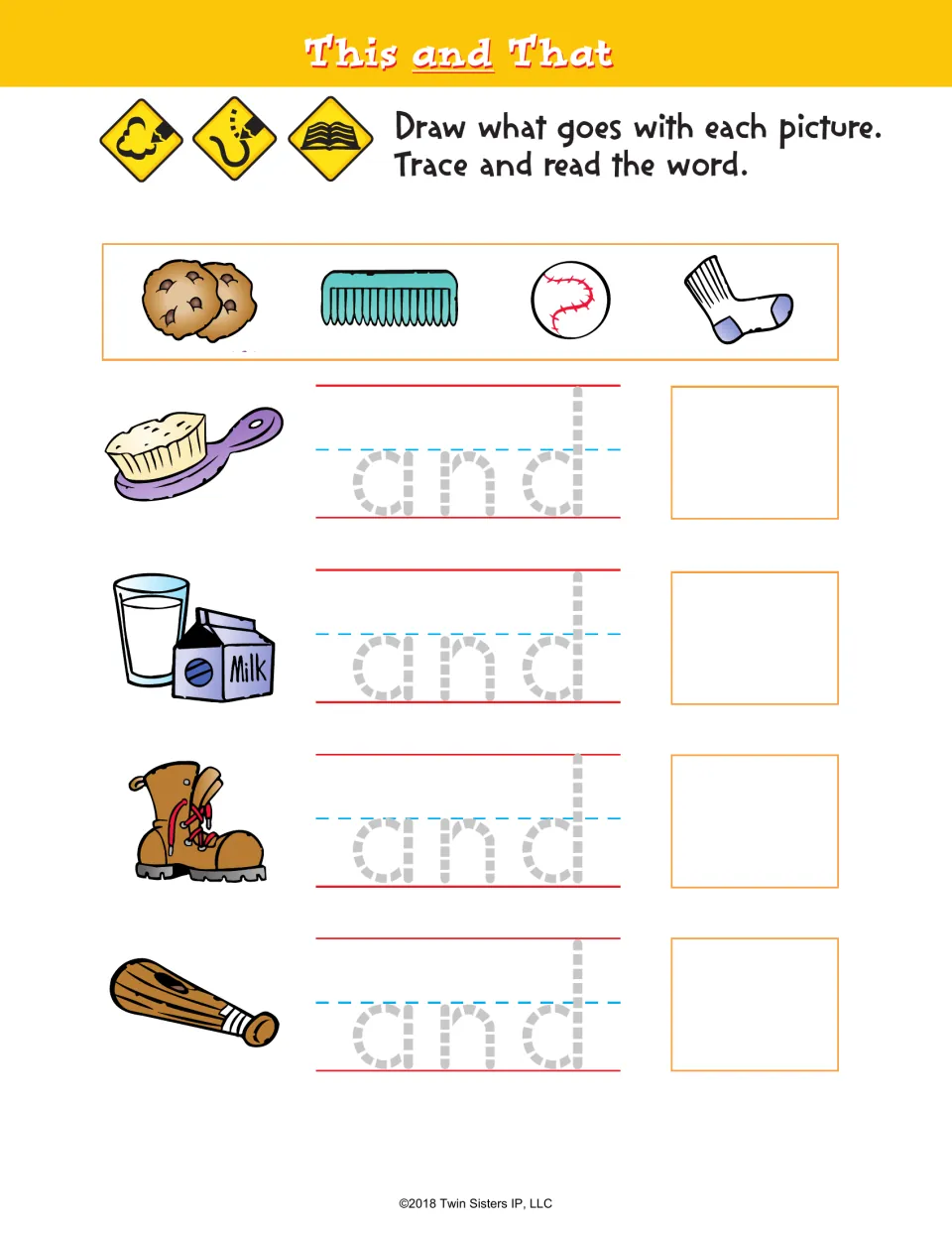 This and That activity: trace and read and, then draw matches for a brush, milk, a boot, and a bat