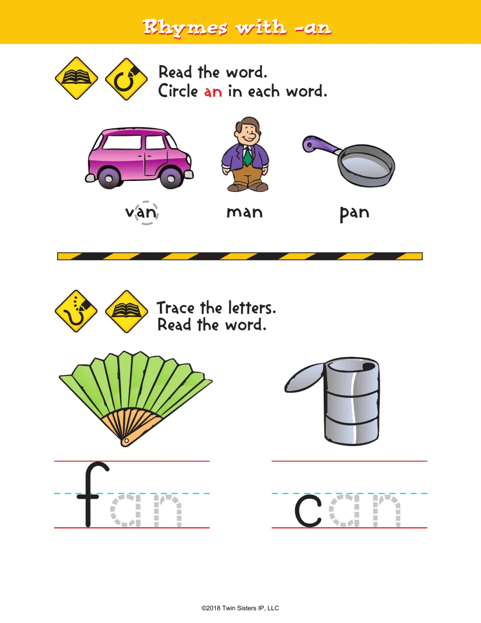 Short a rhyming practice: read van, man, and pan, circle an in each word, then trace an in fan and can