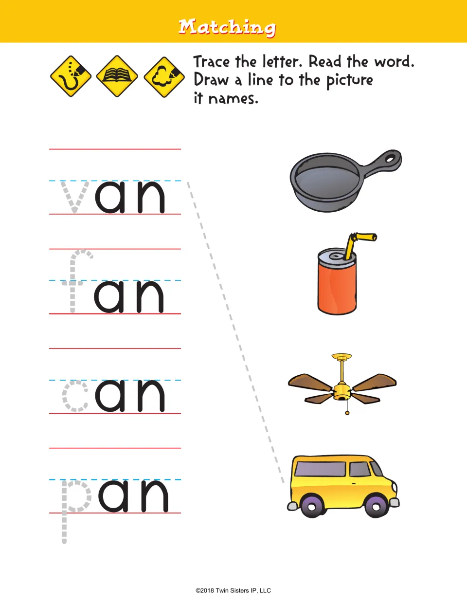 Short a matching activity: trace initial letters in van, fan, can, and pan, then match words to pictures