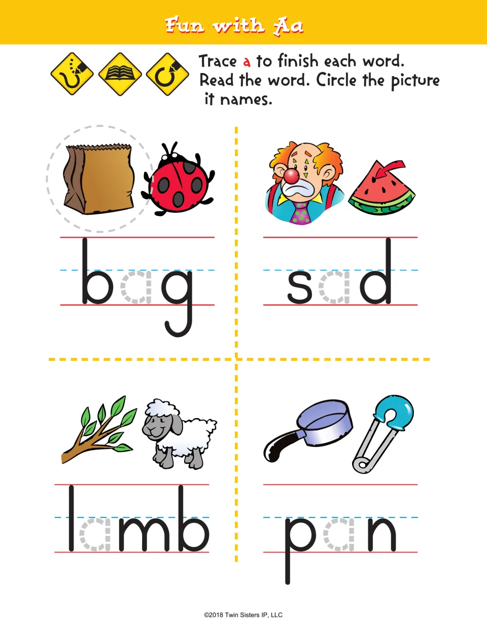 Short a picture choice activity: trace a in bag, sad, lamb, and pan, then circle the picture each word names
