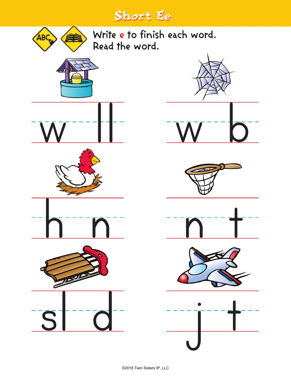 Short e word completion activity: write e in well, web, hen, net, sled, and jet, then read each word