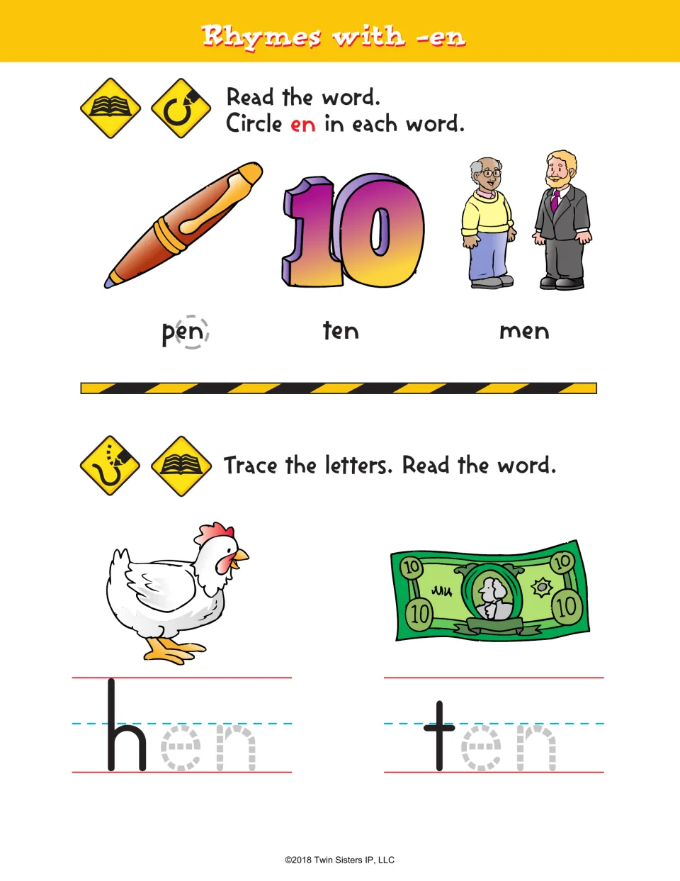 Short e rhyming practice: read pen, ten, and men, circle en in each word, then trace en in hen and ten