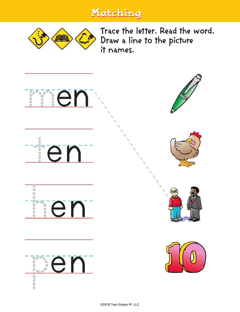 Short e matching activity: trace initial letters in men, ten, hen, and pen, then match words to pictures