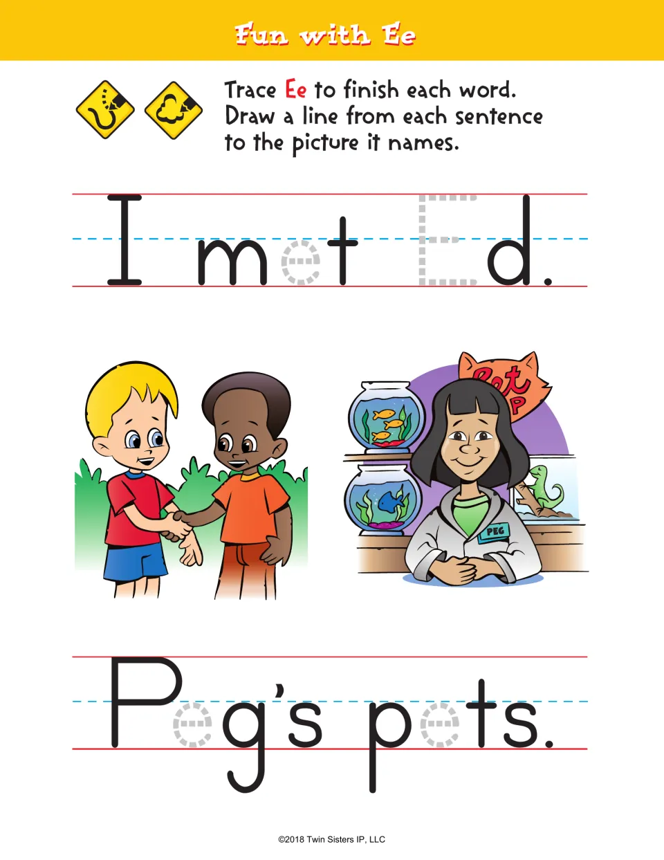 Short e phrase and sentence practice: trace Ee in I met Ed. and Peg’s pets., then match each to a picture