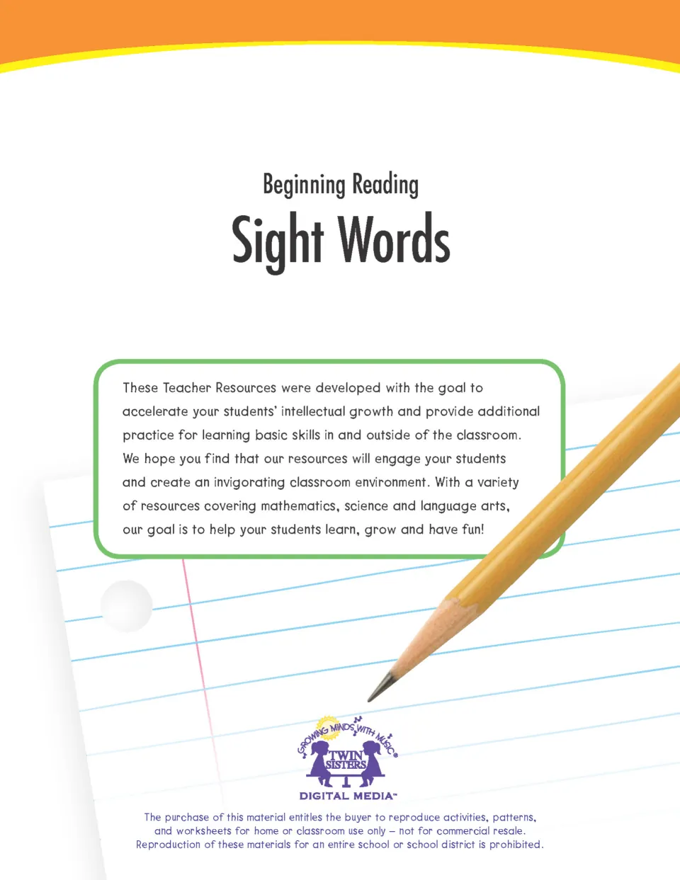 Beginning Reading Sight Words cover by Twin Sisters with a note to teachers and a home or classroom reproduction notice