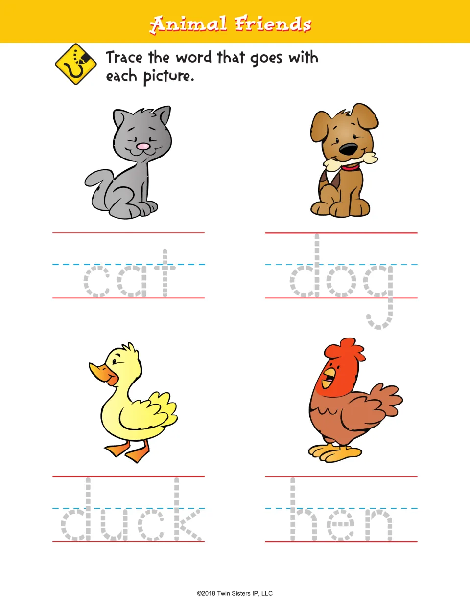Animal Friends: students trace the words cat, dog, duck and hen under matching animal pictures to link words to pictures