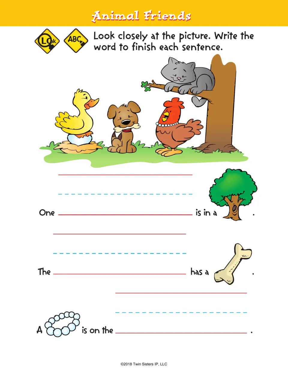 Animal Friends picture sentences: students look at a cat in a tree, a dog with a bone and a hen, then finish 3 sentences
