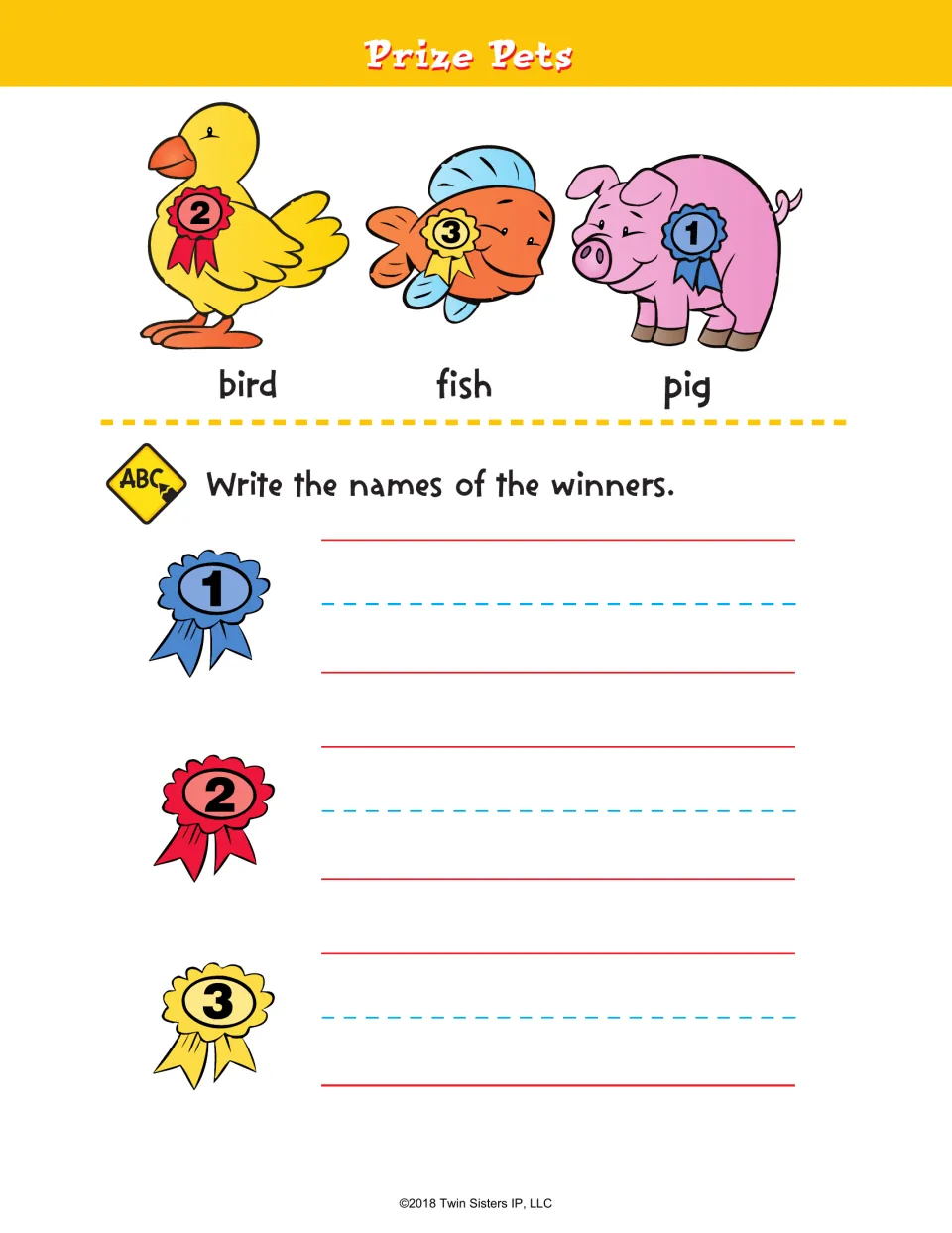 Prize Pets: students read bird, fish and pig, check each pet's ribbon and write the 1st, 2nd and 3rd place winners