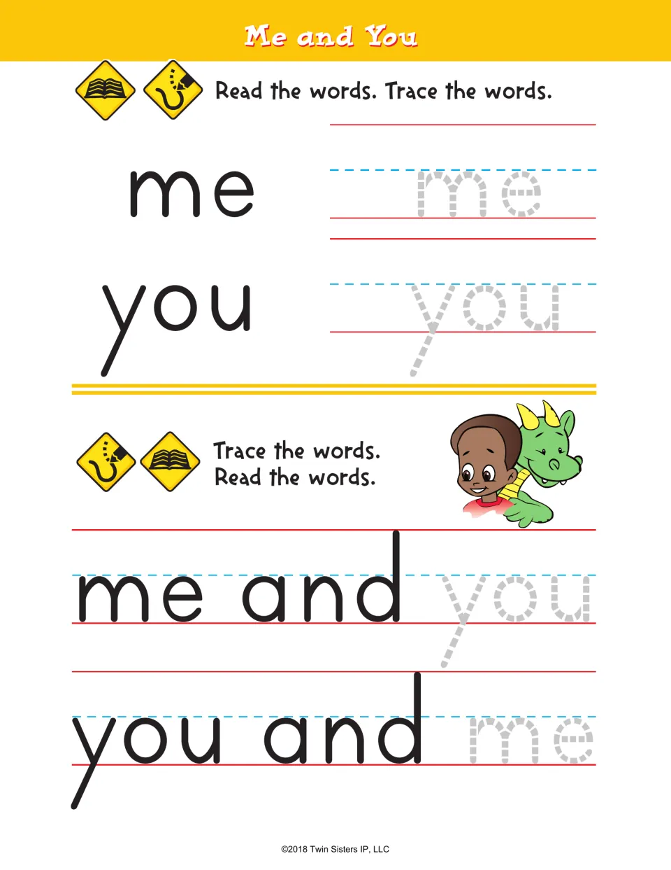 Me and You: students read and trace sight words me and you, then trace them to finish phrases me and you, you and me