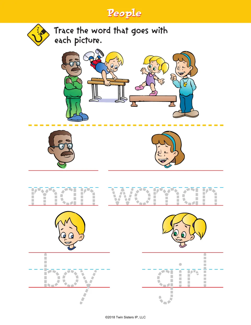 People: students trace man, woman, boy and girl under each face from a gym scene, matching each word to the right person