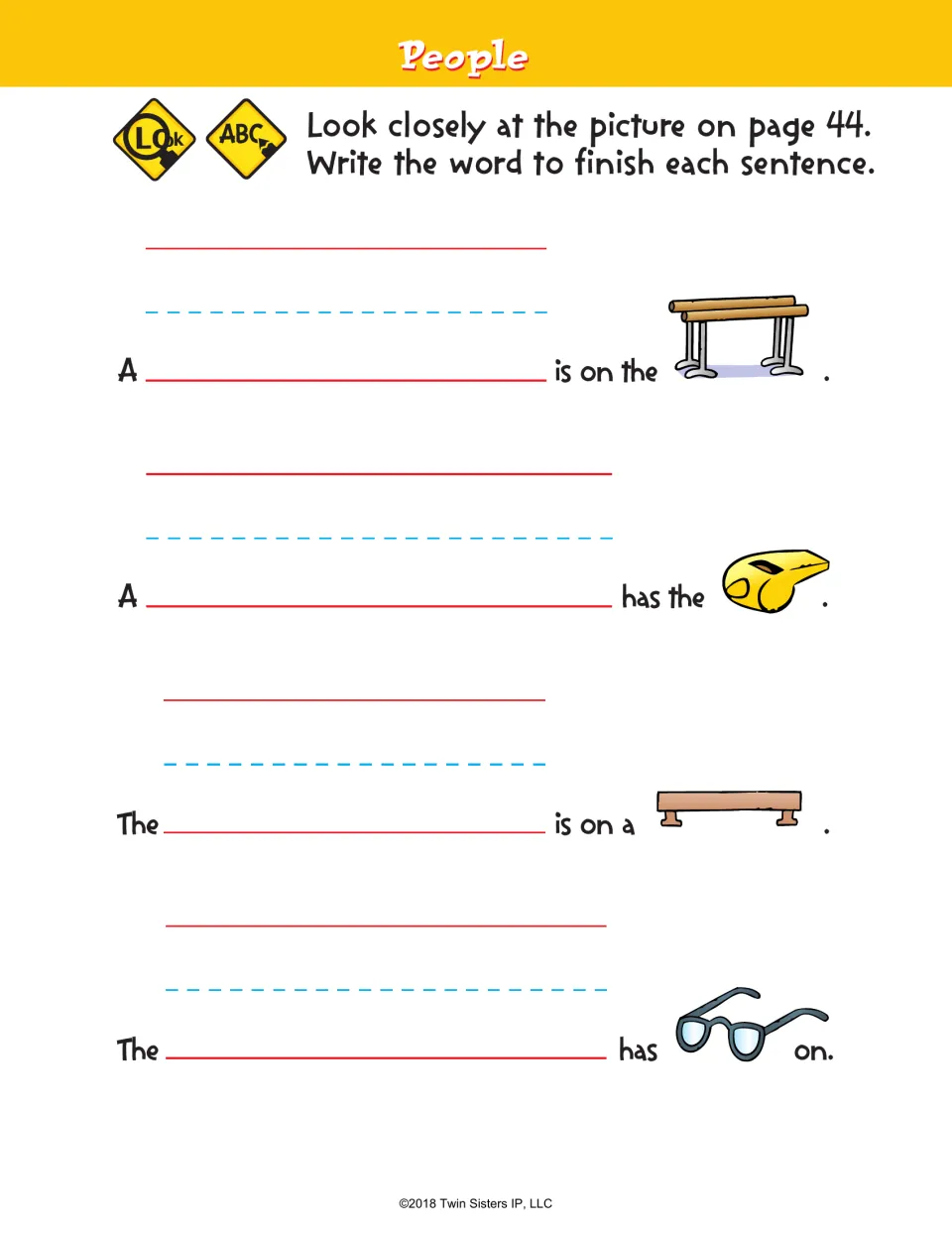 People: students write man, woman, boy or girl to finish 4 sentences with bars, whistle, beam and glasses picture clues