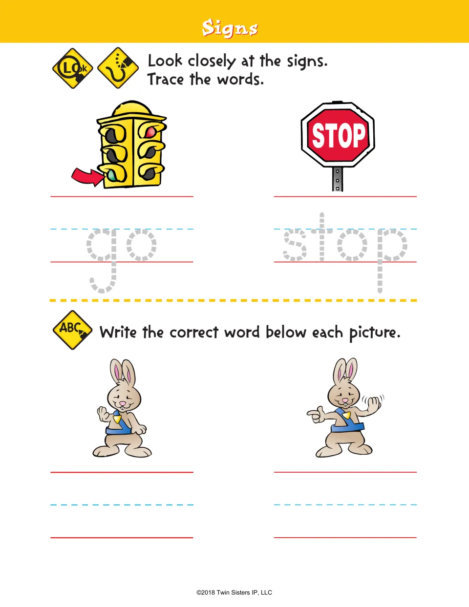 Signs: students trace go under a traffic light and stop under a stop sign, then write go or stop under 2 rabbit pictures