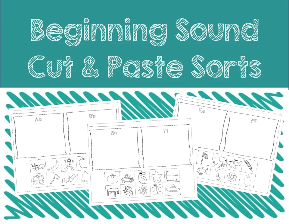 Beginning Sound Cut & Paste Sorts cover showing sample sheets where pictures are sorted under Aa/Bb, Ss/Tt and Ee/Ff