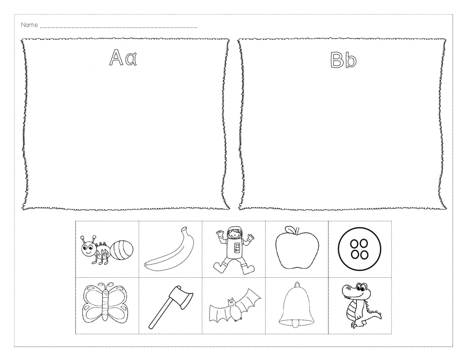 Letters A and B sound sort: students cut out 10 pictures such as ant, apple, bat and bell and glue each under Aa or Bb