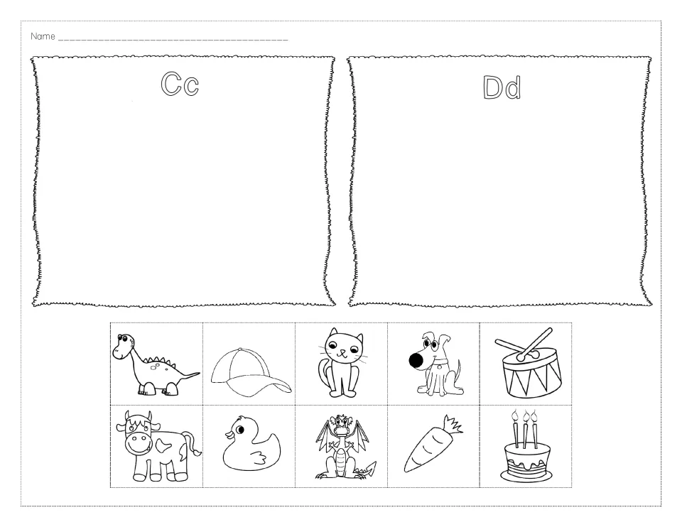 Letters C and D initial sounds: students cut out pictures like cat, cow, cake, dog, duck and drum and glue under Cc or Dd