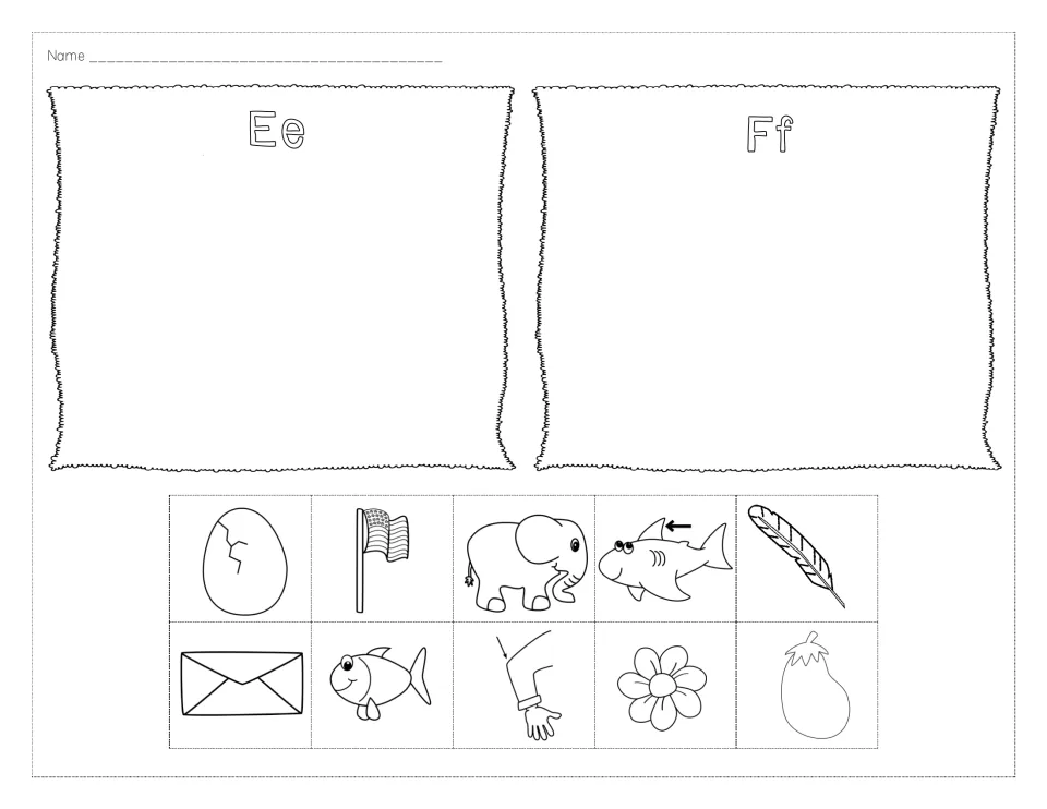 Letters E and F first-sound sort: students cut out egg, elephant, envelope, flag, fish and feather and glue under Ee or Ff