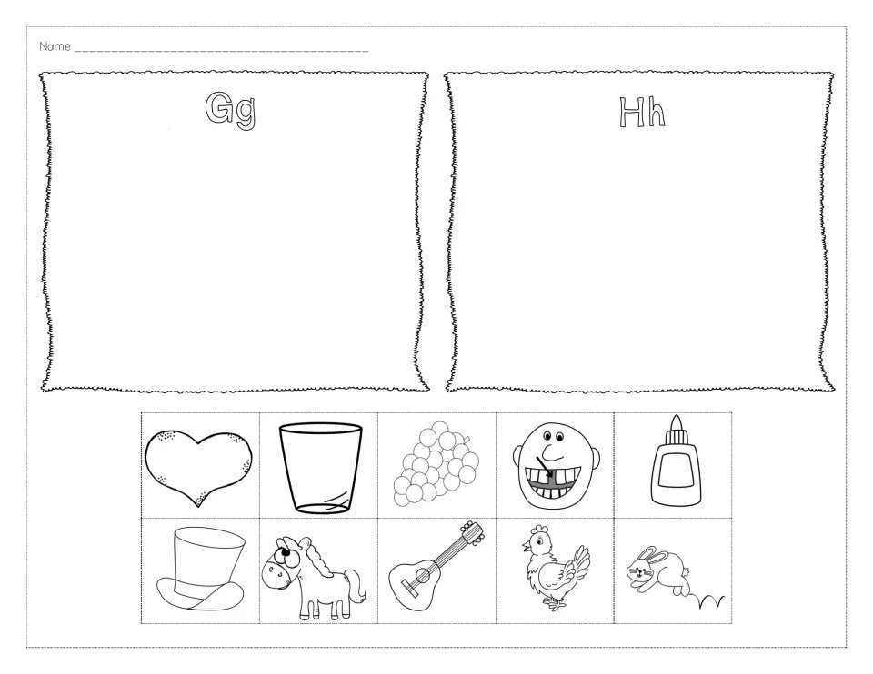 Letters G and H initial sounds: students cut out grapes, glue, guitar, heart, hat, horse and more to sort under Gg or Hh