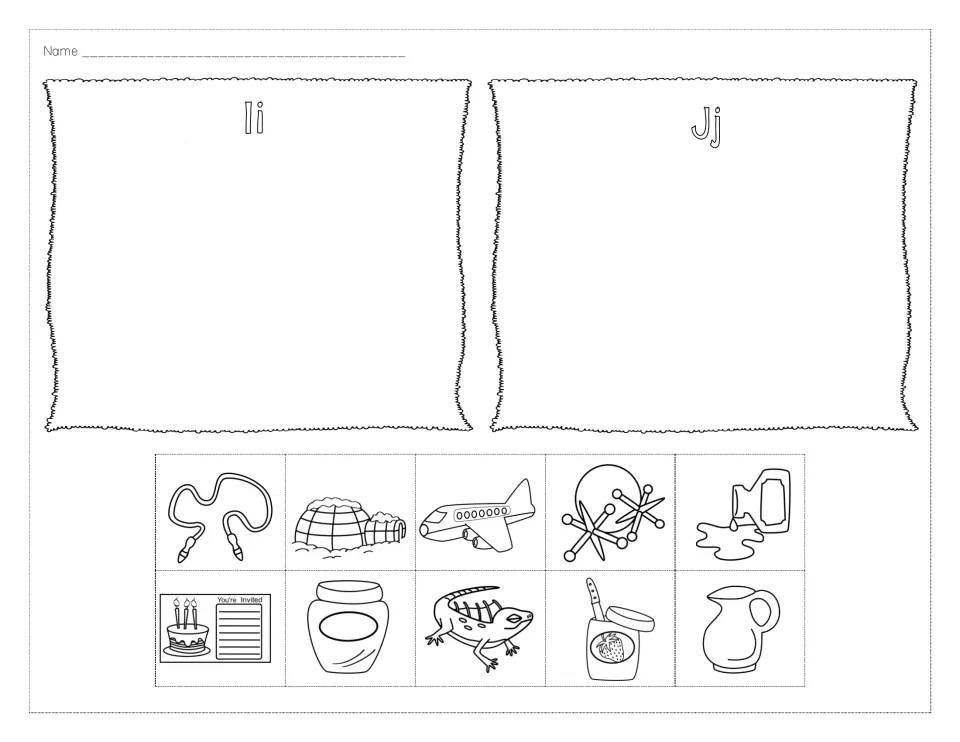 Letters I and J sound sort: students cut out igloo, iguana, invitation, jar, jet, jacks and more and glue under Ii or Jj