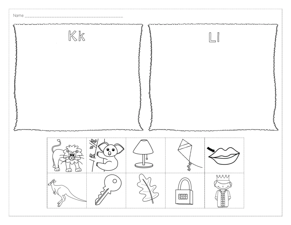 Letters K and L first sounds: students cut out key, kite, koala, king, lion, lamp, leaf and lock and glue under Kk or Ll