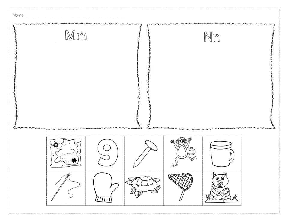 Letters M and N sound sort: students cut out map, monkey, mug, mitten, nine, nail, nest and net to glue under Mm or Nn