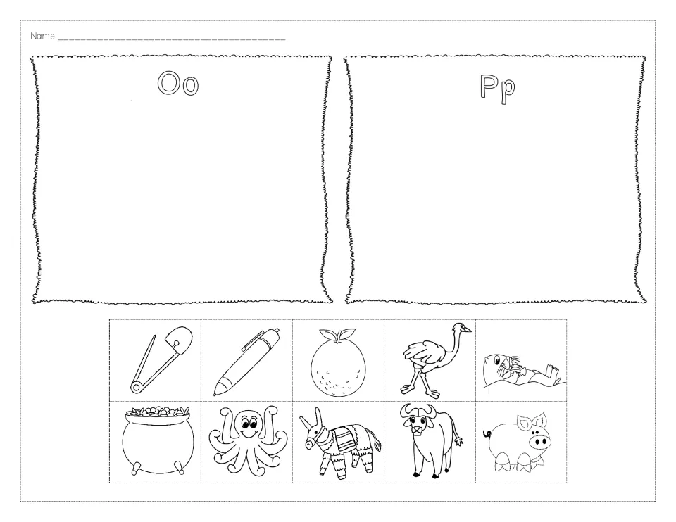 Letters O and P sound sort: students cut out orange, octopus, ostrich, ox, pen, pig, pot and more and glue under Oo or Pp