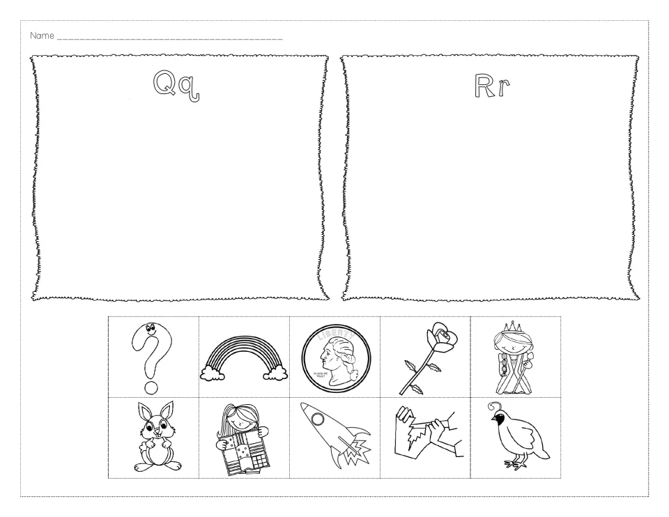 Letters Q and R first sounds: students cut out queen, quilt, quail, quarter, rainbow, rose, rocket and rabbit for Qq or Rr