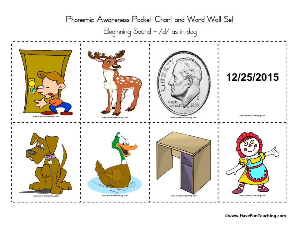 Beginning sound /d/ picture cards with no words: door, deer, dime, date, dog, duck, desk and doll to cut apart